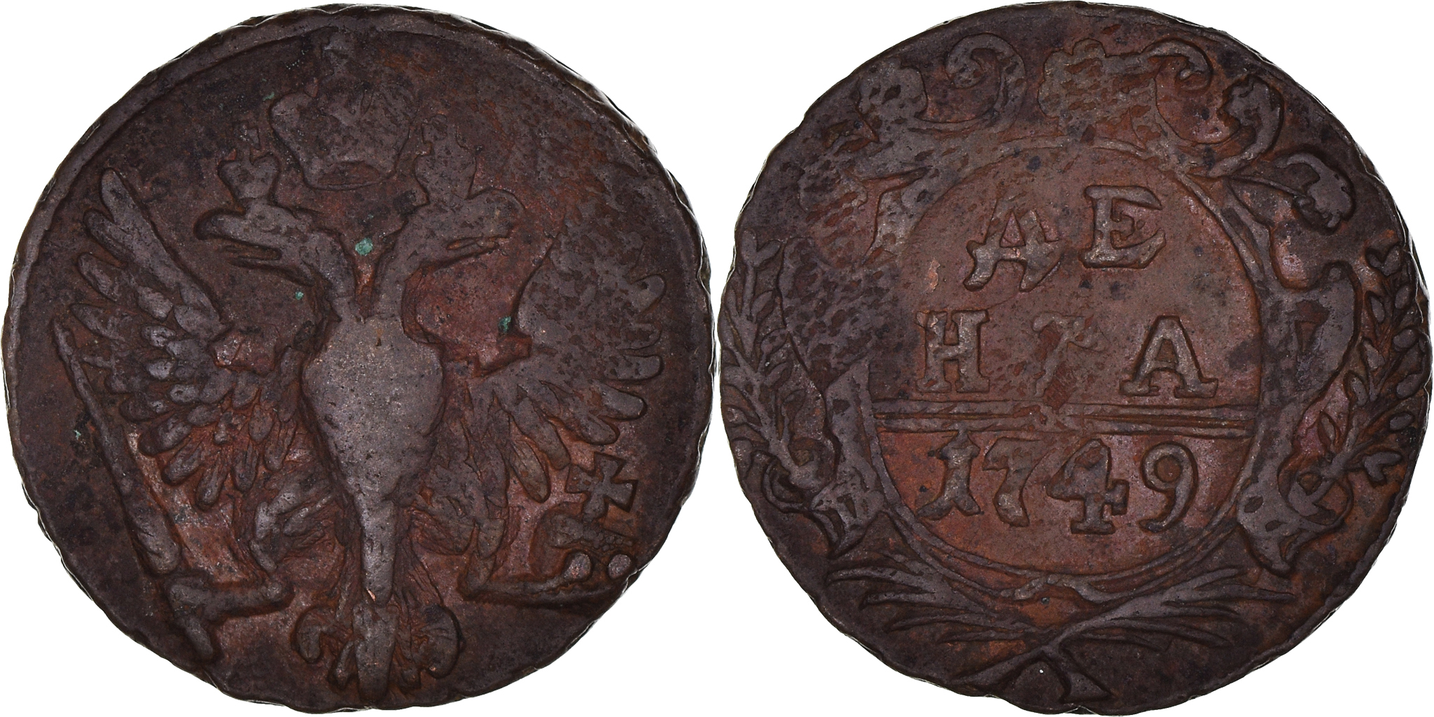 Coin, Russia, Denga, 1/2 Kopek, 1749, , Copper, KM:188 | European