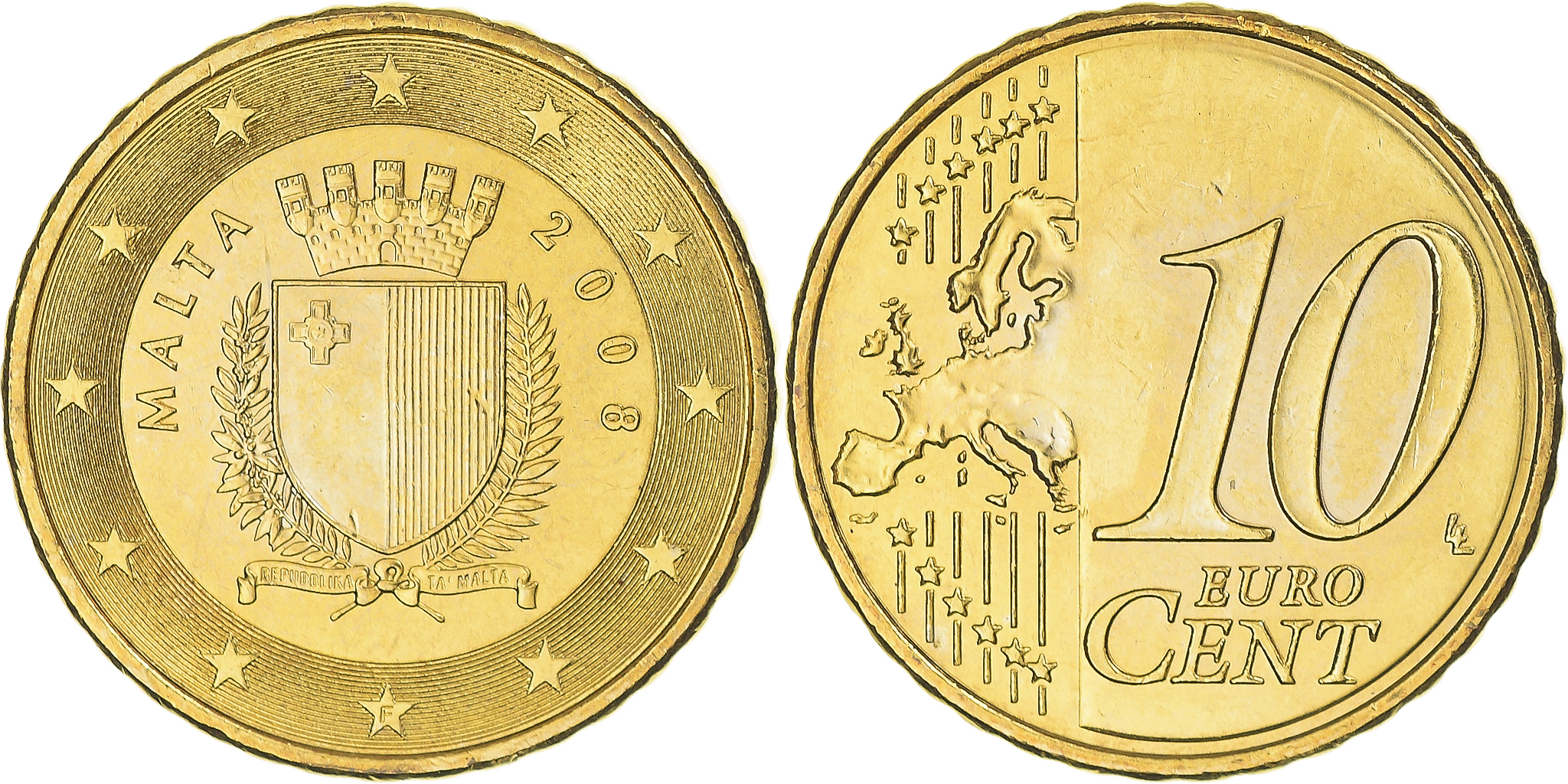 Malta 10 Euro Cent 2008 Paris Brass KM 128 European Coins