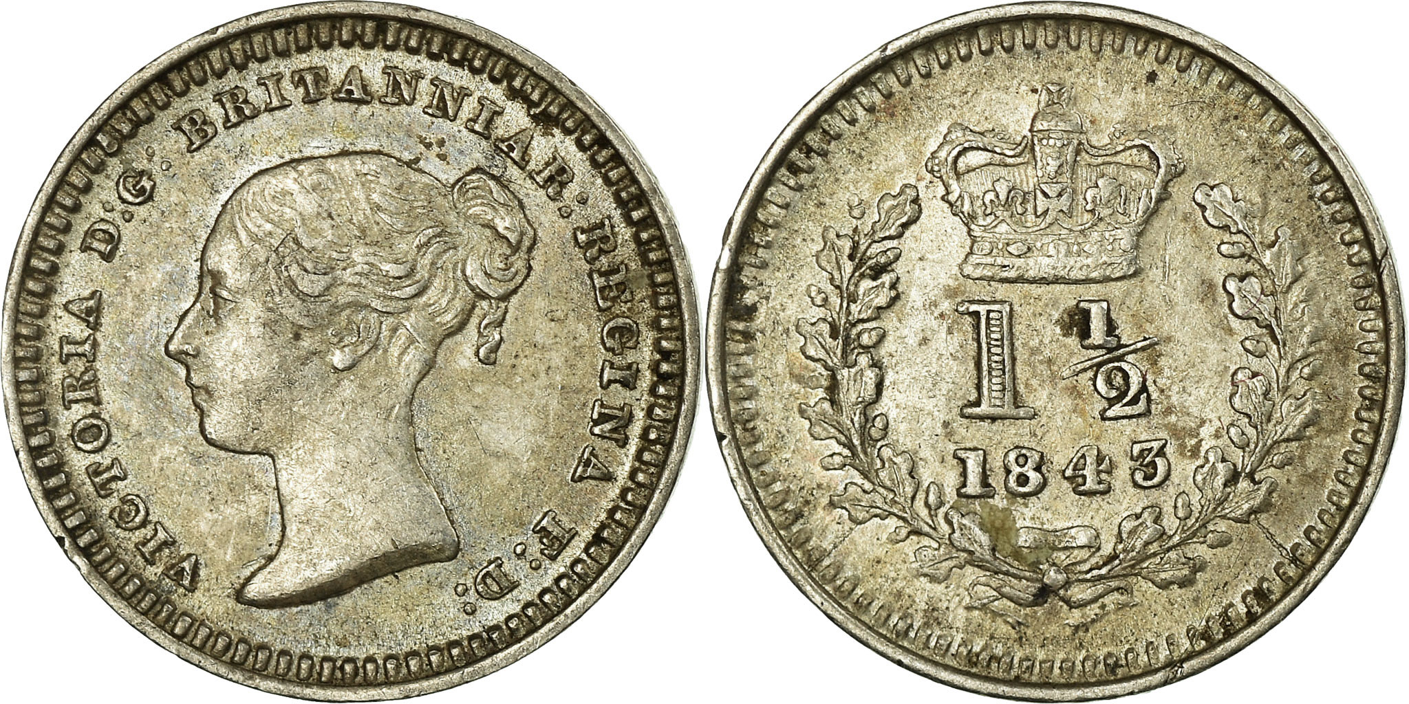 Coin, Great Britain, Victoria, 1-1/2 Pence, 1843, , Silver, KM:728