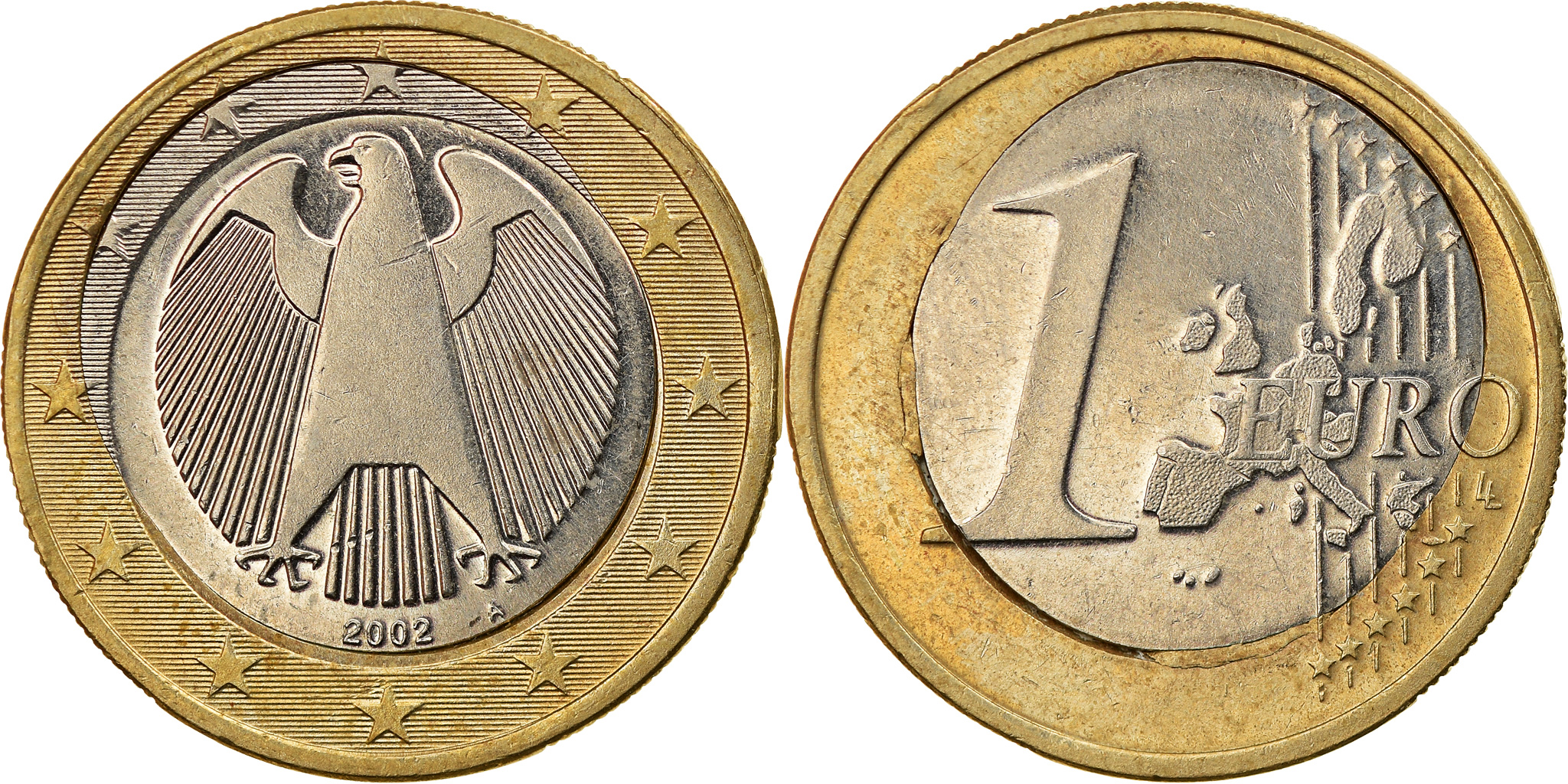 Germany, 1 Euro, 2002, Stuttgart, error double punched center hole,