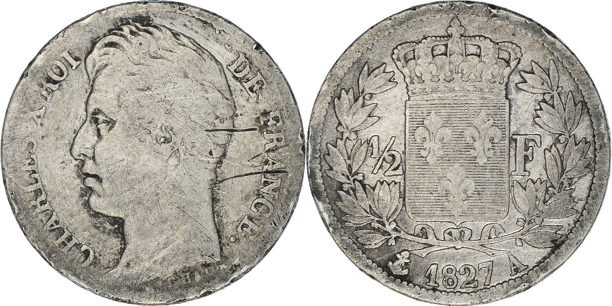 Coin, France, Charles X, 1/2 Franc, 1827, Paris, , Silver, KM:723.1 Coin, France, Charles X, 1/2 Franc, 1827, Paris, , Silver, KM:723.1