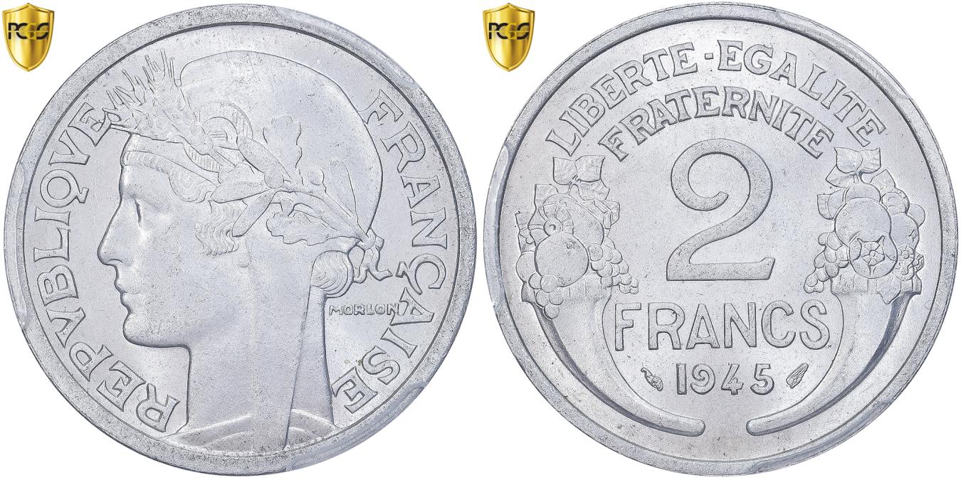 Coin, France, Morlon, 2 Francs, 1945, Paris, PCGS, , MS(63), Aluminum