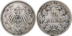 World Coins - GERMANY - EMPIRE, 1/2 Mark, 1905, Berlin, Silver, , KM:17