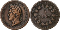 World Coins - FRENCH COLONIES, Louis - Philippe, 5 Centimes, 1844, Paris, Bronze,