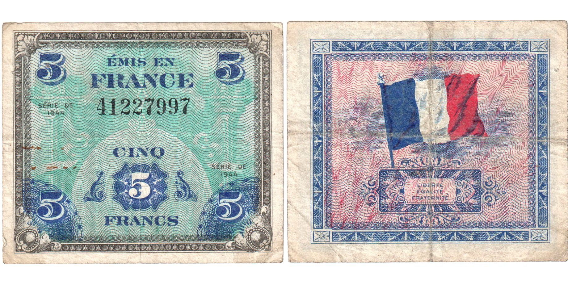 France, 5 Francs, Flag/France, SÉRIE 1944, VF(30-35) | World Paper