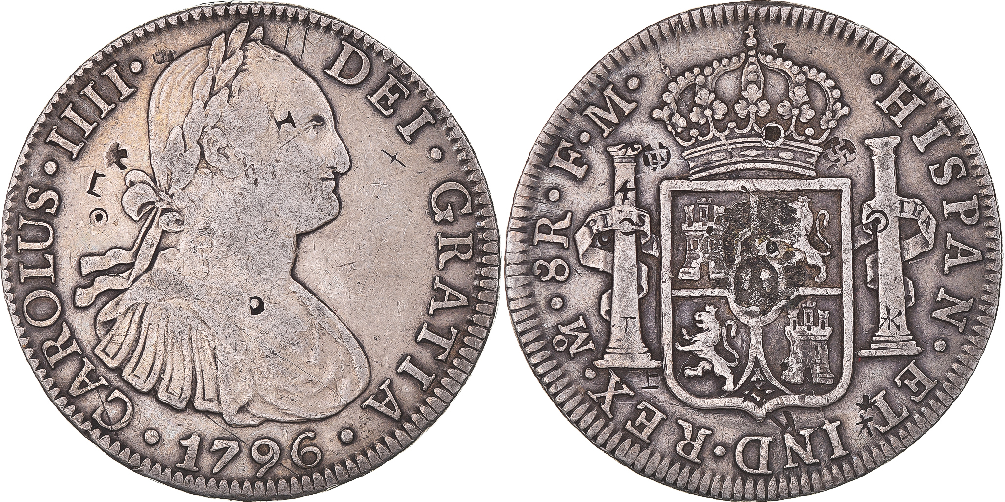 Coin, Spain, Charles IV, 8 Reales, 1796, Mexico, Countermarks