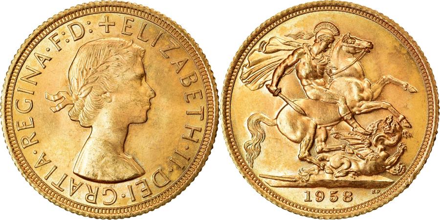 Coin, Great Britain, Elizabeth II, Sovereign, 1958, , Gold, KM:908