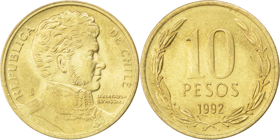 World Coins - CHILE, 10 Pesos, 1992, Santiago, KM #228.2, , Aluminum-Bronze, 21, 3.58