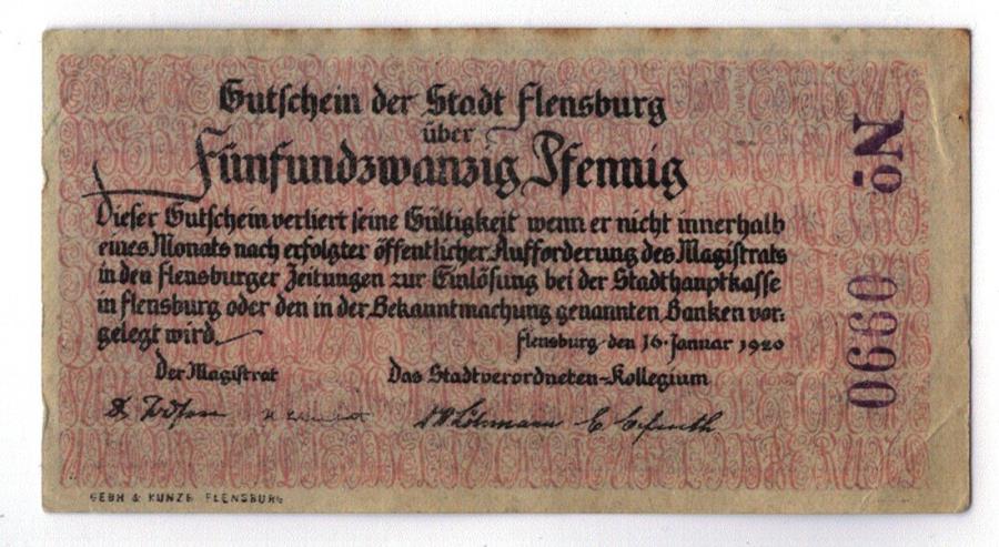 Banknote, Flensburg, 25 personnage, 1920-01-16, UNC(63)