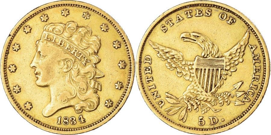 US Coins - Coin, United States, Classic Head, $5, Half Eagle, 1834, Philadelphia