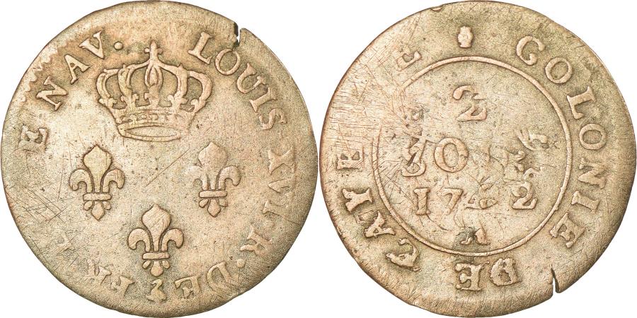 World Coins - Coin, FRENCH GUIANA, 2 Sous, 1782, Paris, overstruck on double sol Louis XV