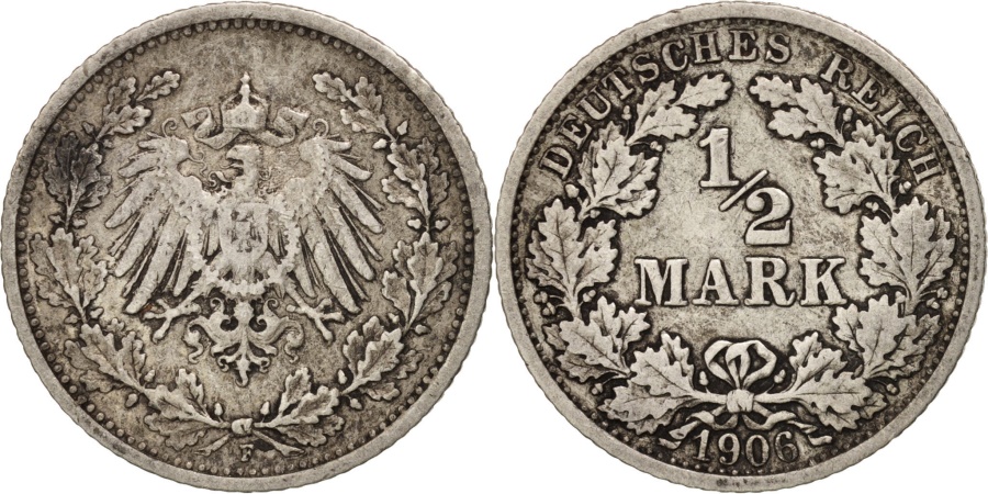World Coins - GERMANY - EMPIRE, 1/2 Mark, 1906, Stuttgart, , Silver, KM:17