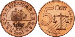 World Coins - Sweden, Carl XVI Gustaf, 5 Centimes, Fantasy Trial Euro, 2003, Copper,