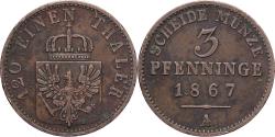 World Coins - German States, PRUSSIA, Wilhelm I, 3 Pfennig, 1867, Berlin, Copper,