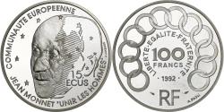 World Coins - France, 100 Francs-15 Ecus, Jean Monnet, 1992, Paris, BE, Silver,