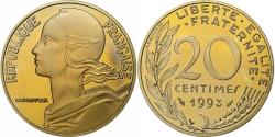 World Coins - France, 20 Centimes, Marianne, 1993, Paris, Proof, Aluminum-Bronze,