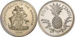 World Coins - Bahamas, Elizabeth II, 5 Cents, 1974, Franklin Mint, Copper-nickel,