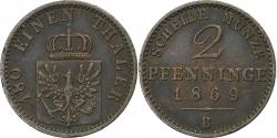 World Coins - German States, PRUSSIA, Wilhelm I, 2 Pfennig, 1869, Hannover, Copper,