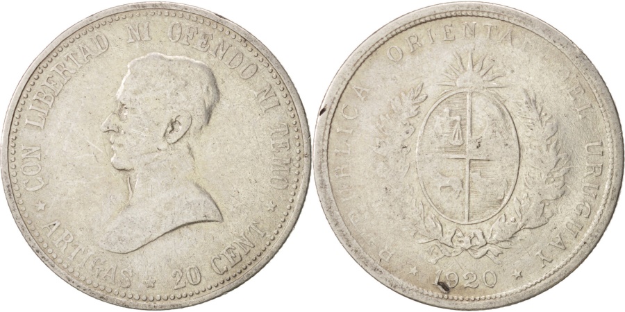 Uruguay 1920 So Silver 20 Centesimos Coin.