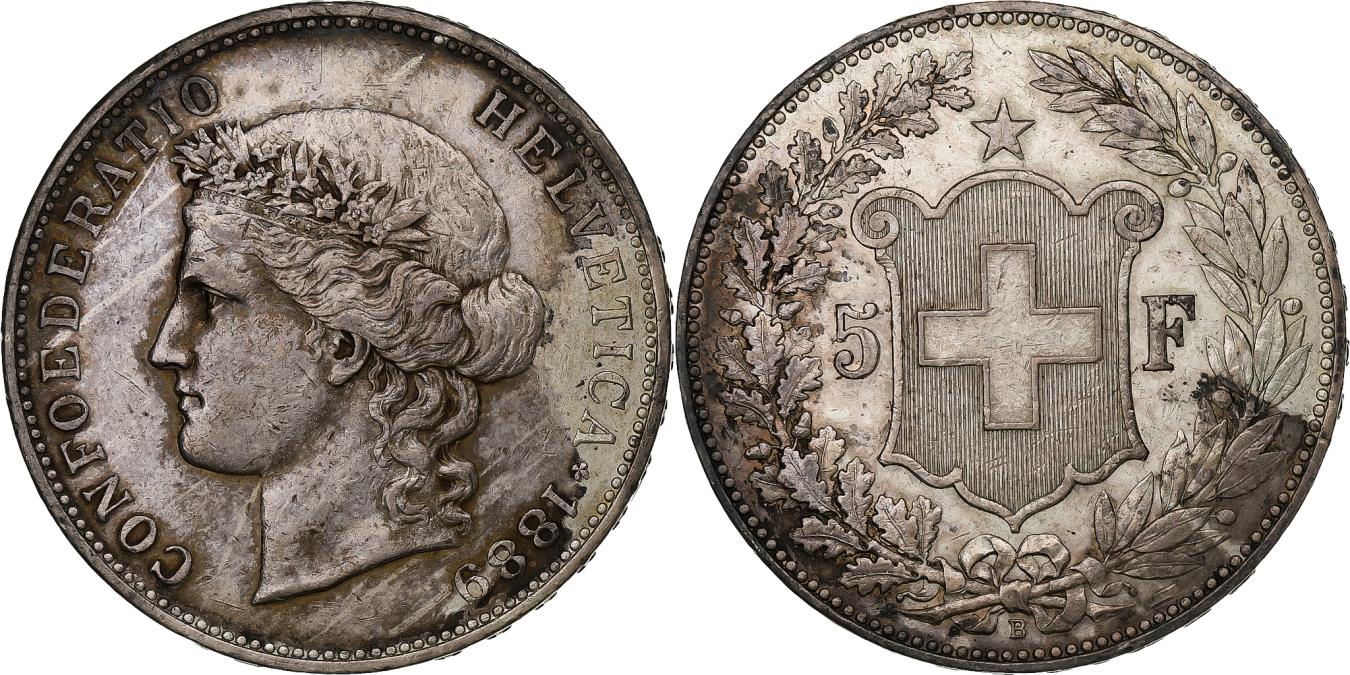 Switzerland, 5 Francs, Helvetia, 1889, Bern, Silver, , KM:34