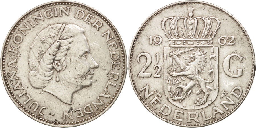 World Coins - Netherlands, Juliana, 2-1/2 Gulden, 1962, Silver, KM:185