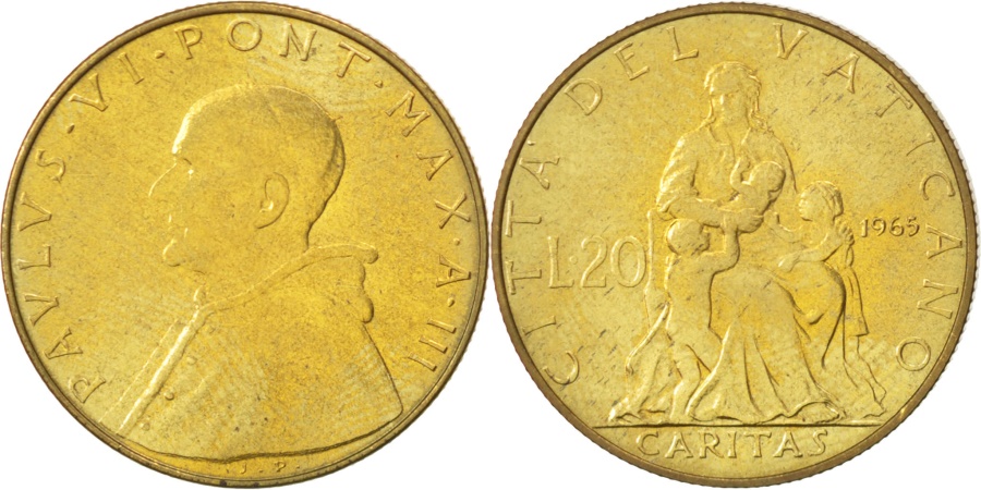 World Coins - VATICAN CITY, 20 Lire, 1965, KM #80.2, , Aluminum-Bronze, 21.25, 3.56