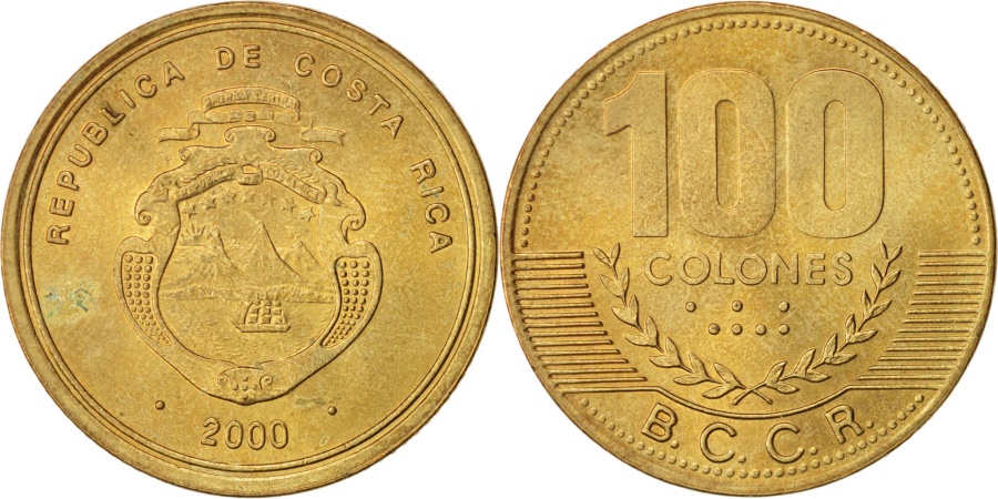 Costa Rica, 100 Colones, 2000, , Brass, KM:240 | North ...