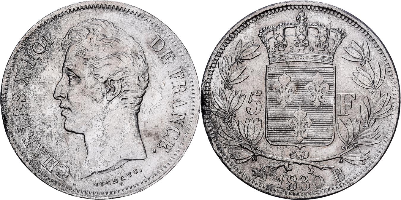 Franklin Mint フランスの 銀貨 de la Croix France, Charles X, 5 Francs, 1830, Rouen, Silver, , Gadoury:644