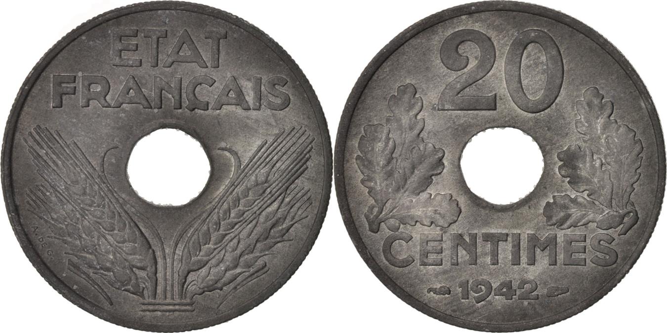 Coin, France, État français, 20 Centimes, 1942, Paris, , Zinc