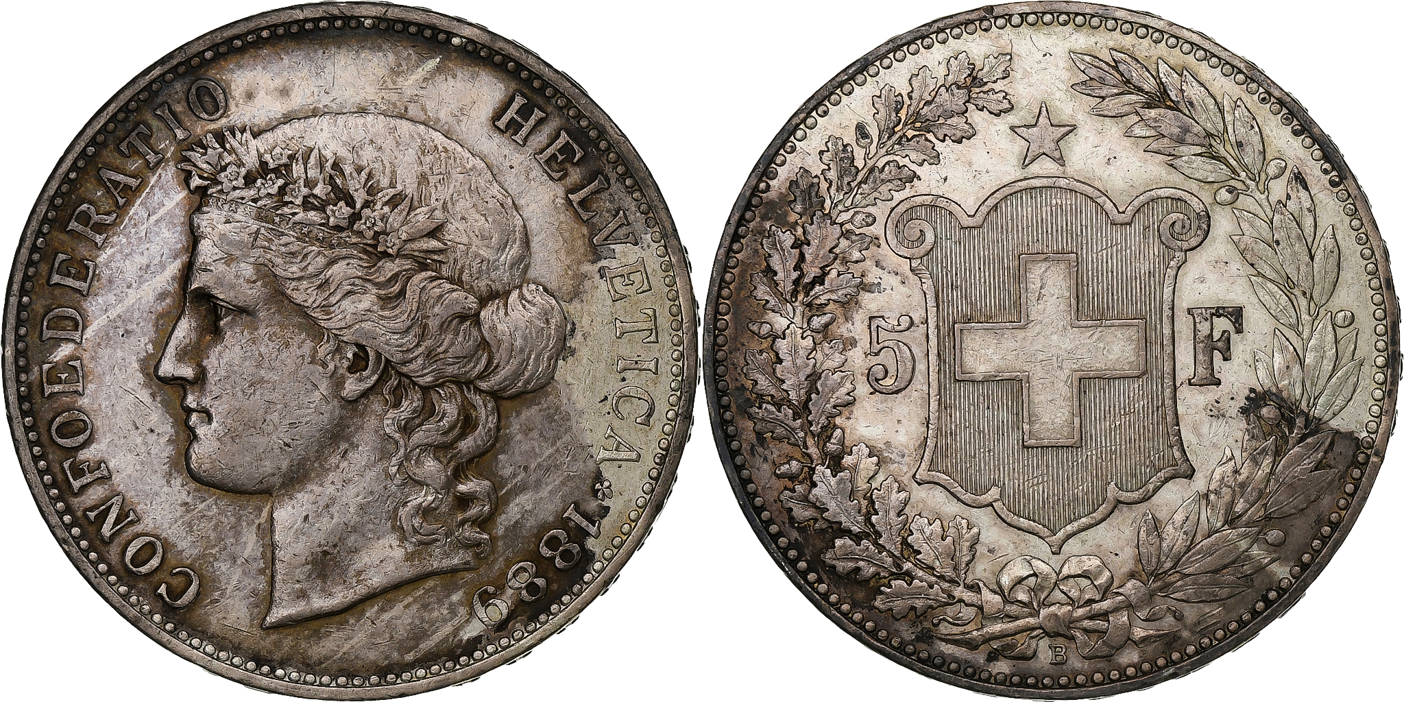 Switzerland, 5 Francs, Helvetia, 1889, Bern, Silver, , KM:34