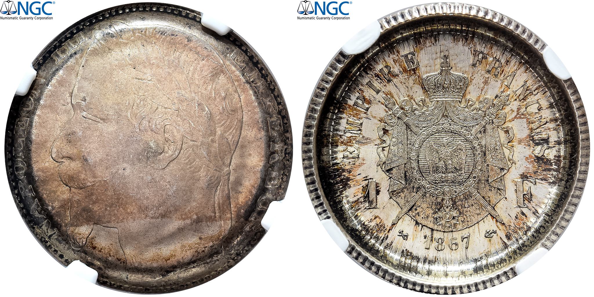 France, Napoleon III, 1 Franc, 1867, Bordeaux, REVERSE DIE CAP, NGC,