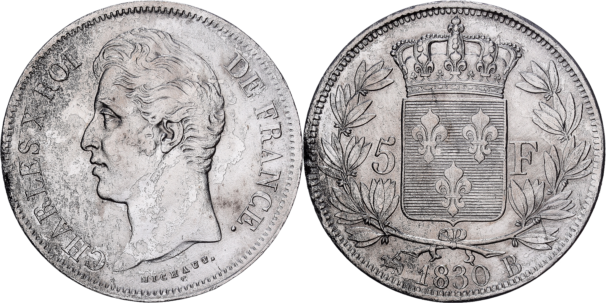 Franklin Mint フランスの 銀貨 Marc Aurèle Roman France, Charles X, 5 Francs, 1830, Rouen, Silver, , Gadoury:644
