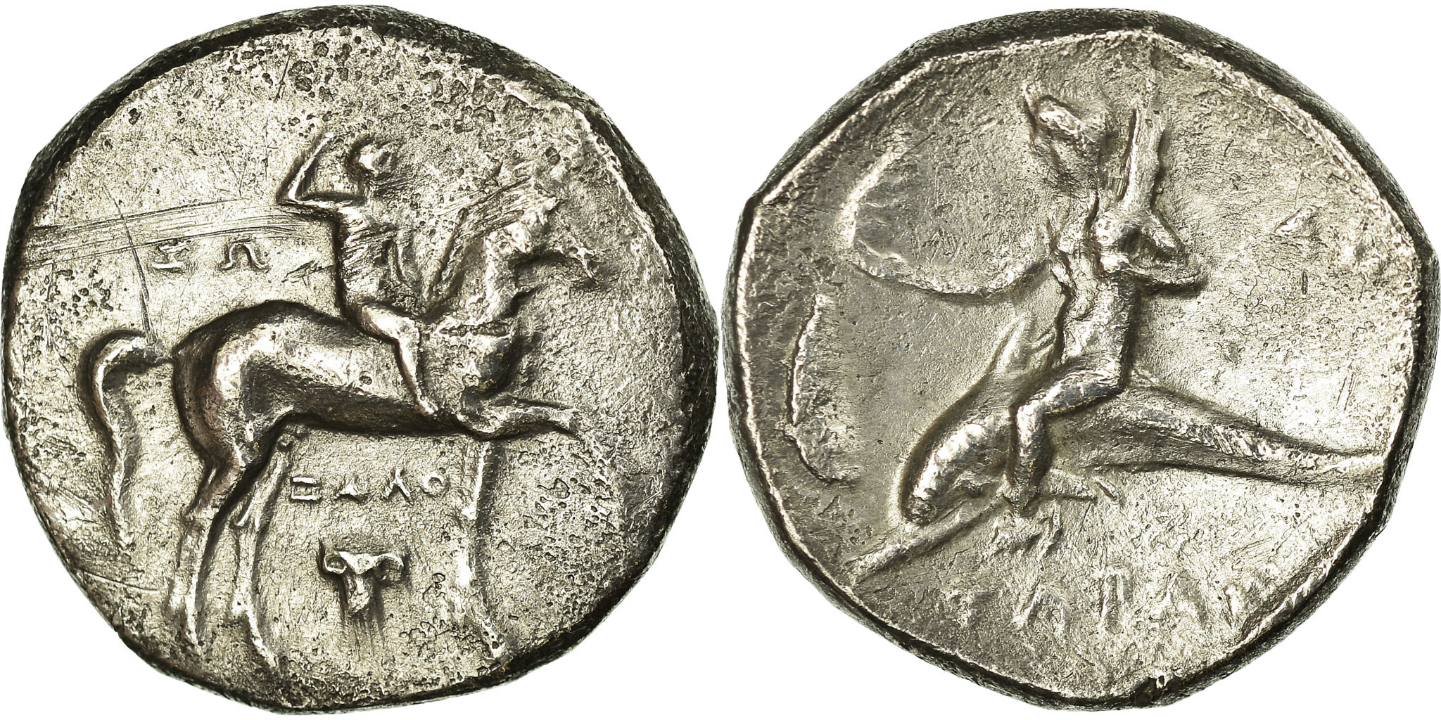 Coin Calabria Taranto Taras son of Poseidon Didrachm Tarentum