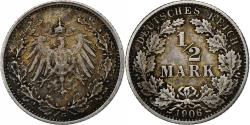 World Coins - GERMANY - EMPIRE, 1/2 Mark, 1906, Karlsruhe, Silver, EF(40-45), KM:17