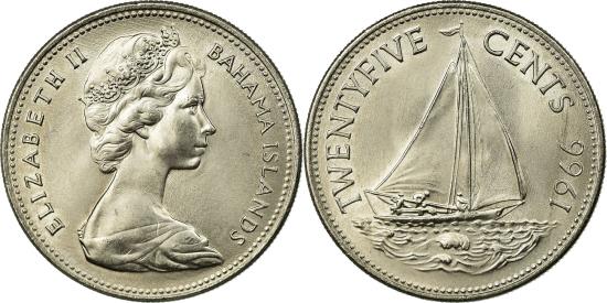 1966 BAHAMA ISLANDS ONE DOLLAR ELIZABETH II .800 SILVER COIN