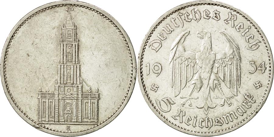 GERMANY, THIRD REICH, 5 Reichsmark, 1934, Karlsruhe, , Silver, KM:83