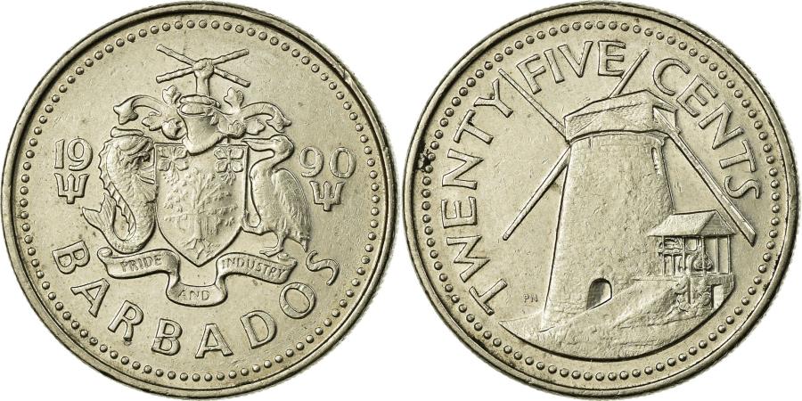 Barbados 1990-25 Cents Copper-Nickel Coin Morgan Lewis Windmill 