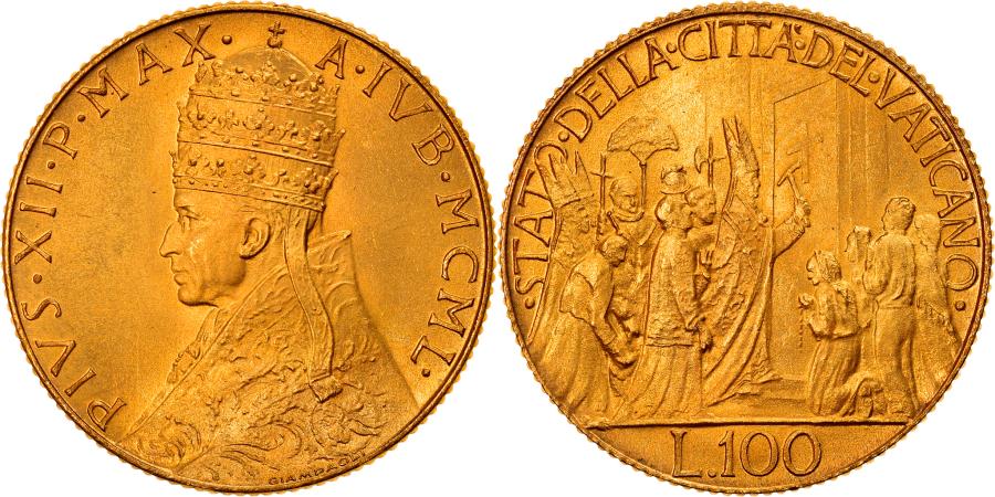 Coin, VATICAN CITY, Pius XII, 100 Lire, 1950, , Gold, KM:48