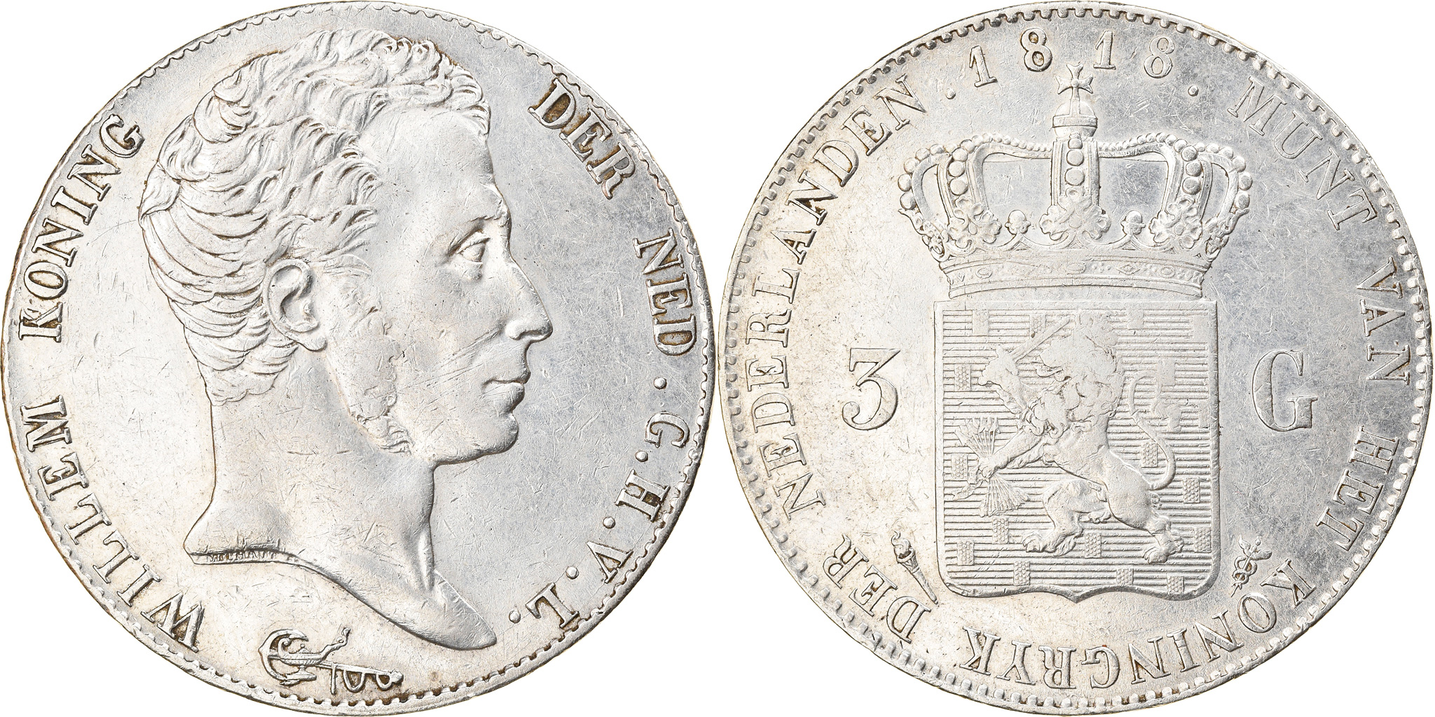 Coin, Netherlands, William I, 3 Gulden, 1818, Utrecht, Rare, , Silver