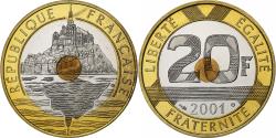 World Coins - France, Mont Saint Michel, 20 Francs, 2001, Paris, Série BE,