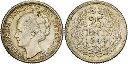 World Coins - Netherlands, Wilhelmina I, 25 Cents, 1944, Philadelphia, Silver,