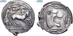 Ancient Coins - Sicily, Tetradrachm, c. 475-460 BC, Leontini, Pedigree, Silver, NGC, Ch XF