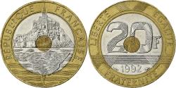 World Coins - France, 20 Francs, Mont Saint Michel, 1992, V Ouvert, Tri-Metallic,