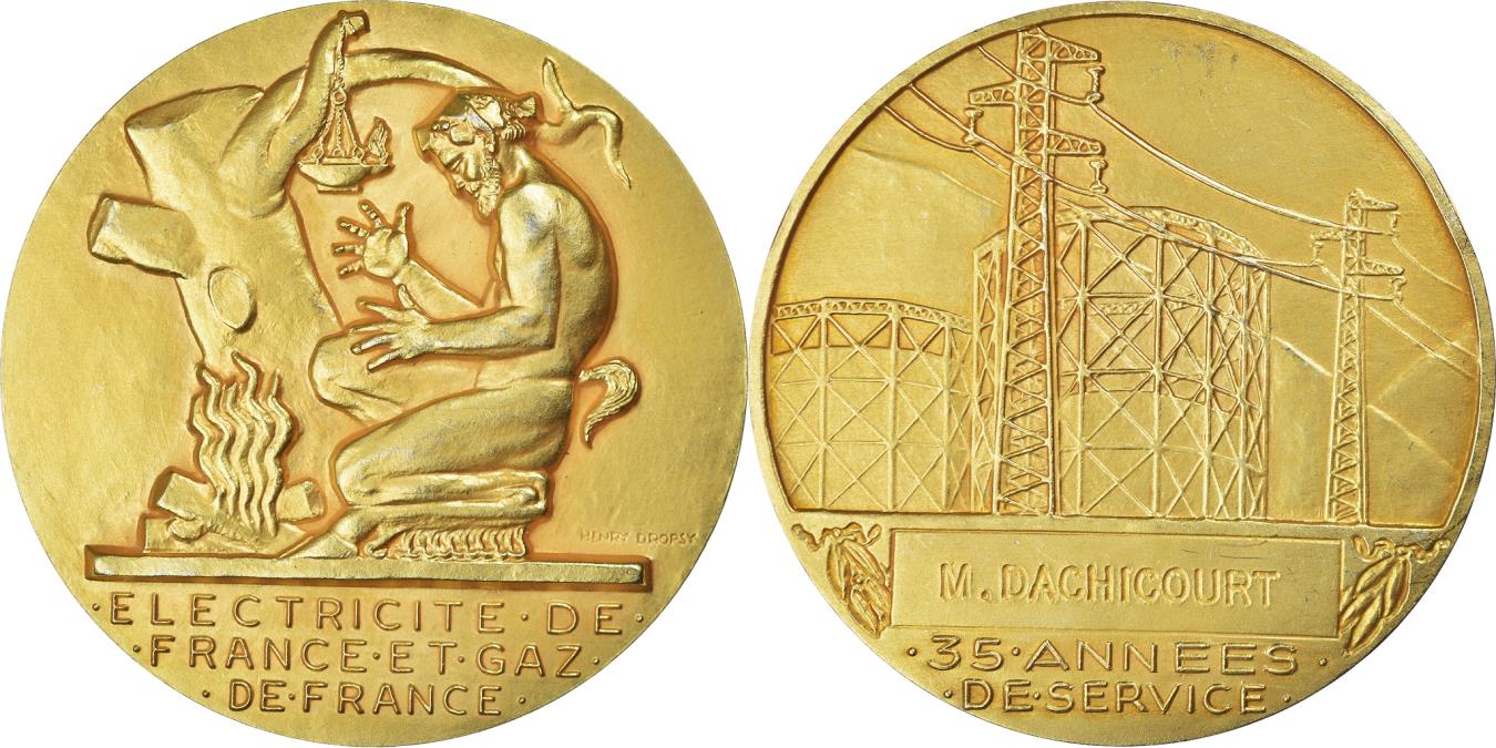 MÉDAILLE BRONZE 54 mm ELECTRICITE ET GAZ DE FRANCE signée H. Dropsy