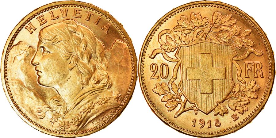 Coin, Switzerland, 20 Francs, 1915, Bern, , Gold, KM:35.1 | European Coins