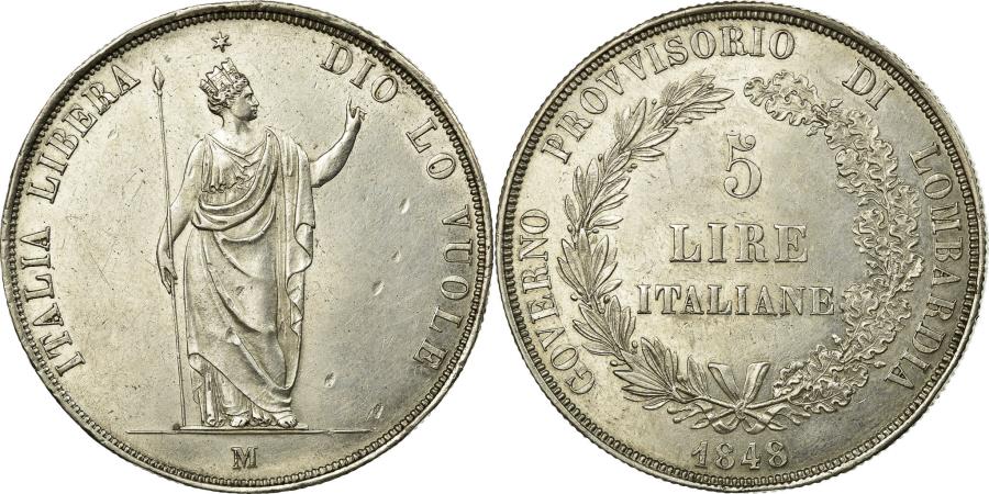 Coin, ITALIAN STATES, LOMBARDY-VENETIA, 5 Lire, 1848, Milan, , Silver