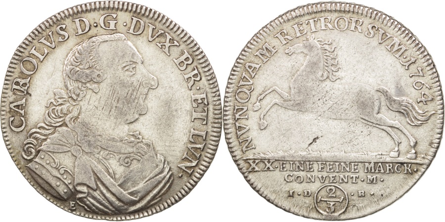 German States, BRUNSWICK-WOLFENBUTTEL, 2/3 Thaler, 1764, E/IDB, KM
