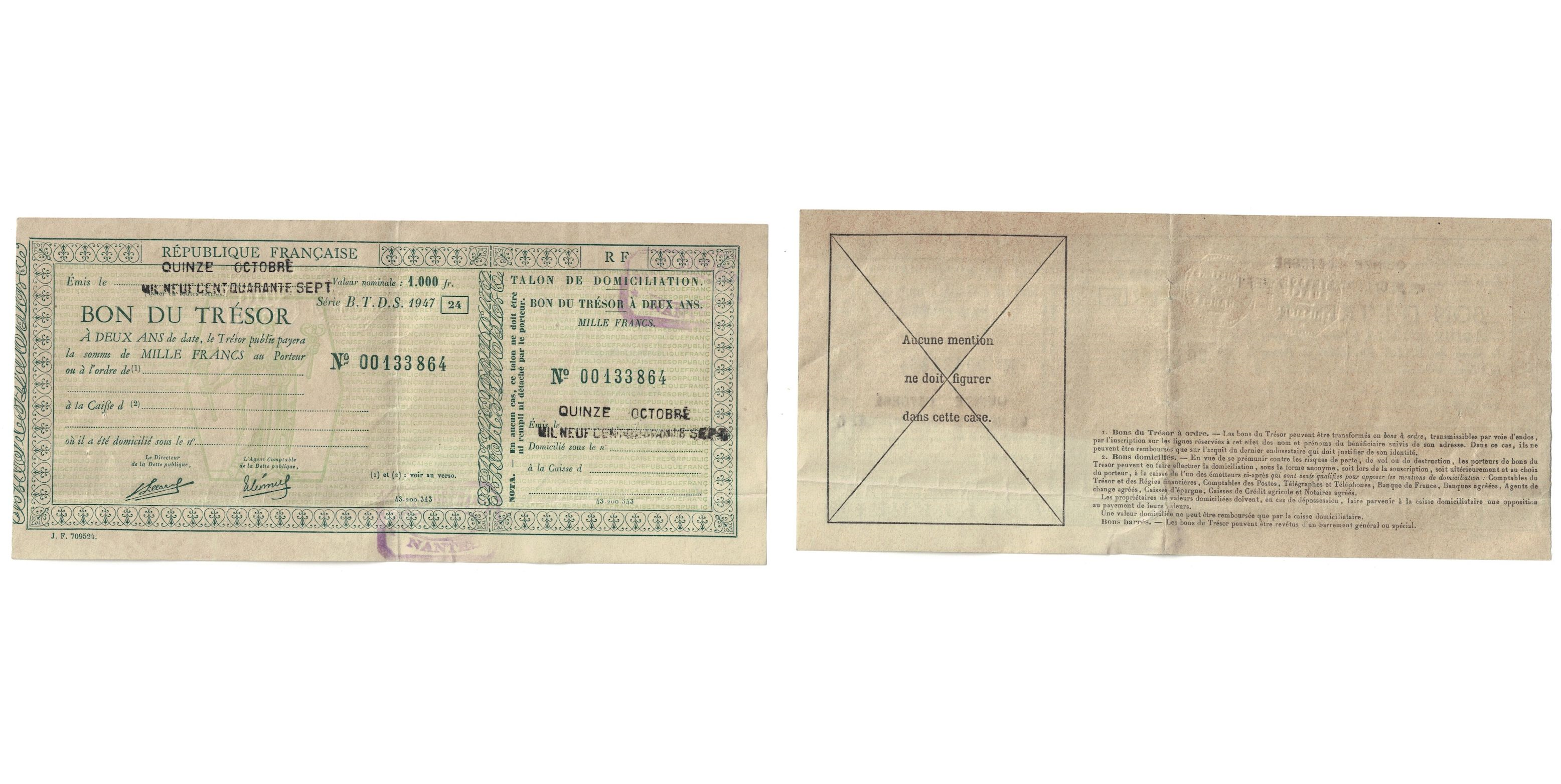 France, 1000 Francs, Nantes, 1947, Bon du Trésor, AU(55-58
