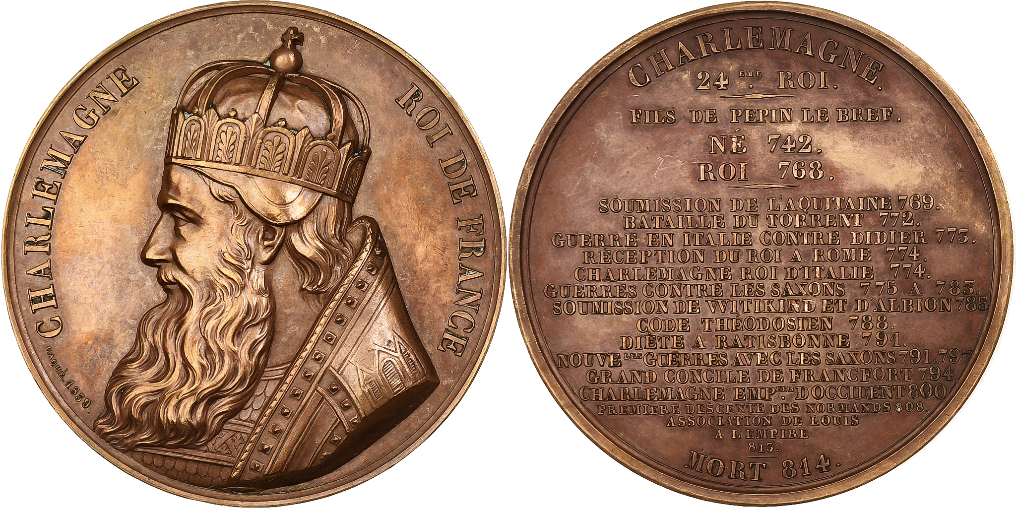 France, Medal, Les Rois de France, Charlemagne, 1839, Bronze, Caqué,