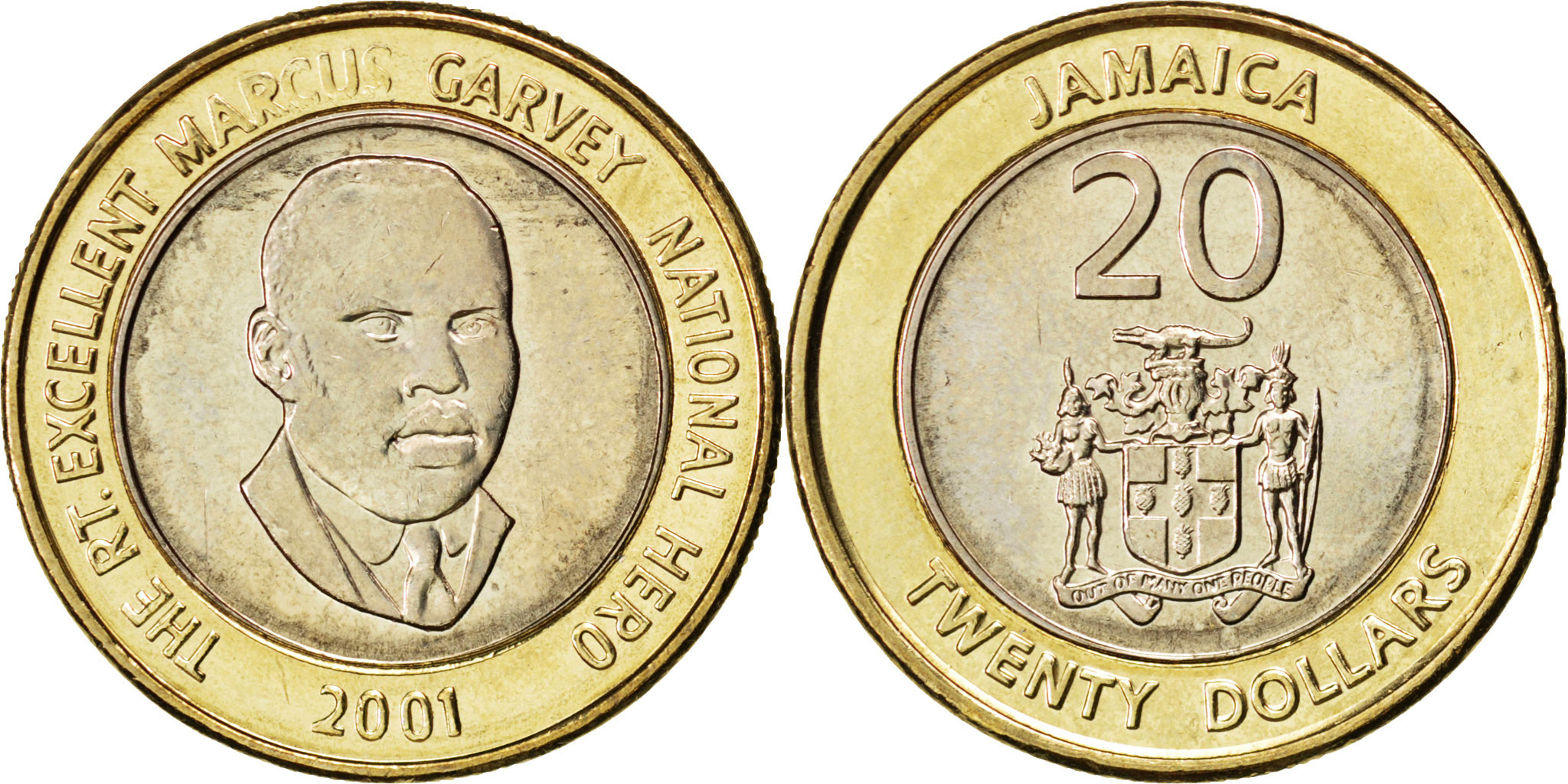 JAMAICA, 20 Dollars, 2001, KM #182, , Bi-Metallic, 23, 7.86